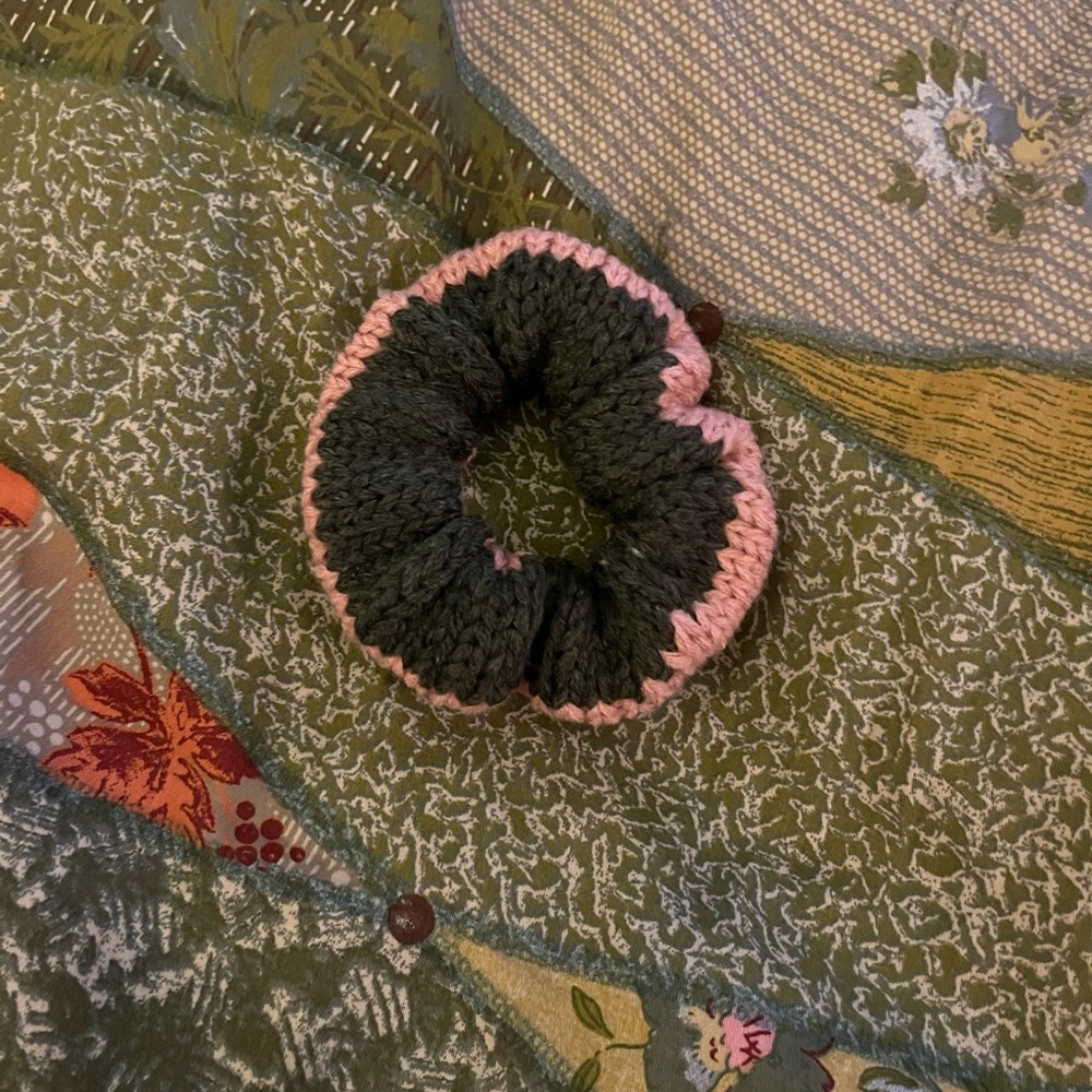 Pink and Green Knit Hair Scrunchie